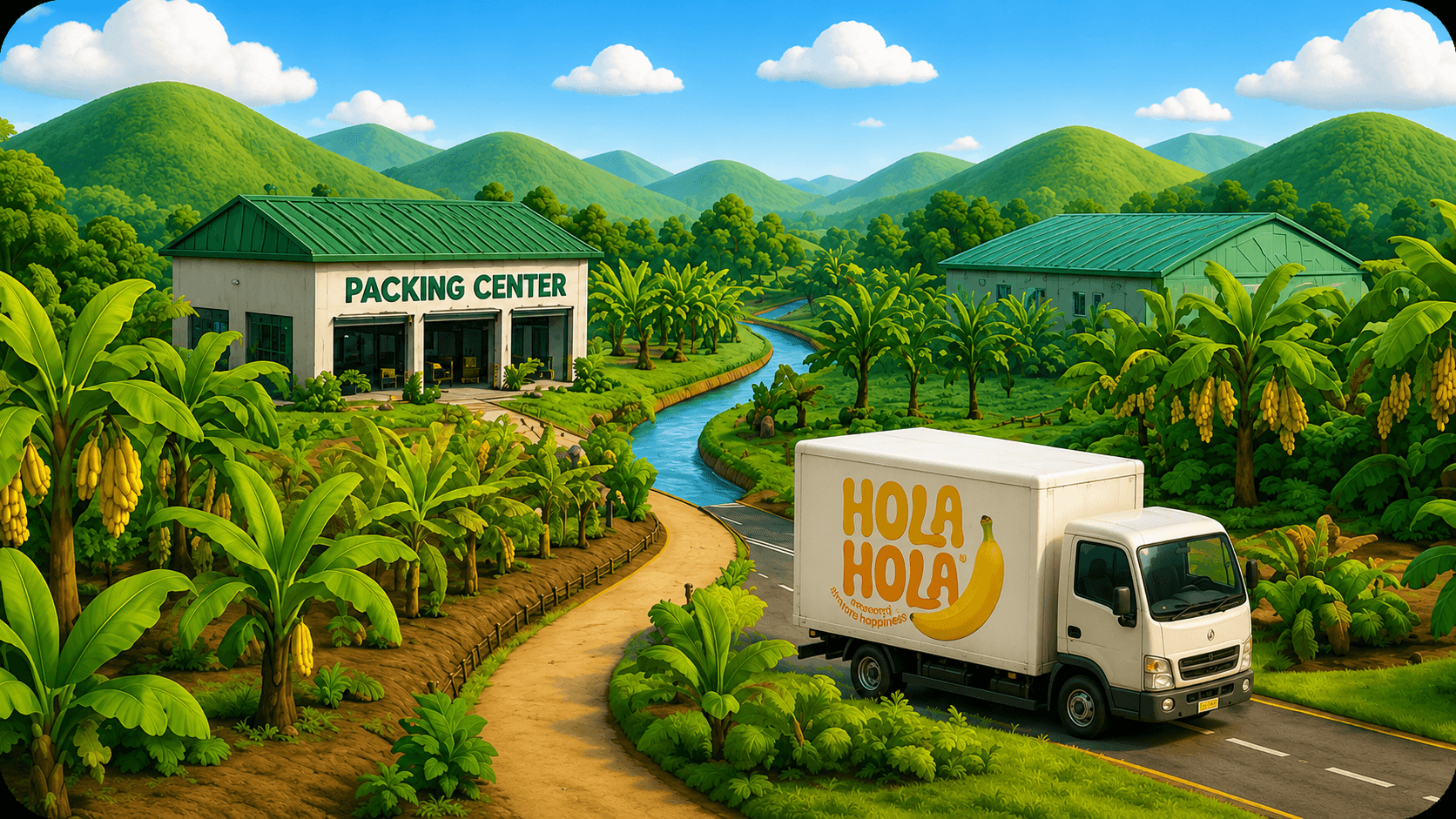 Hola Hola bananas being delivered from a lush packing center